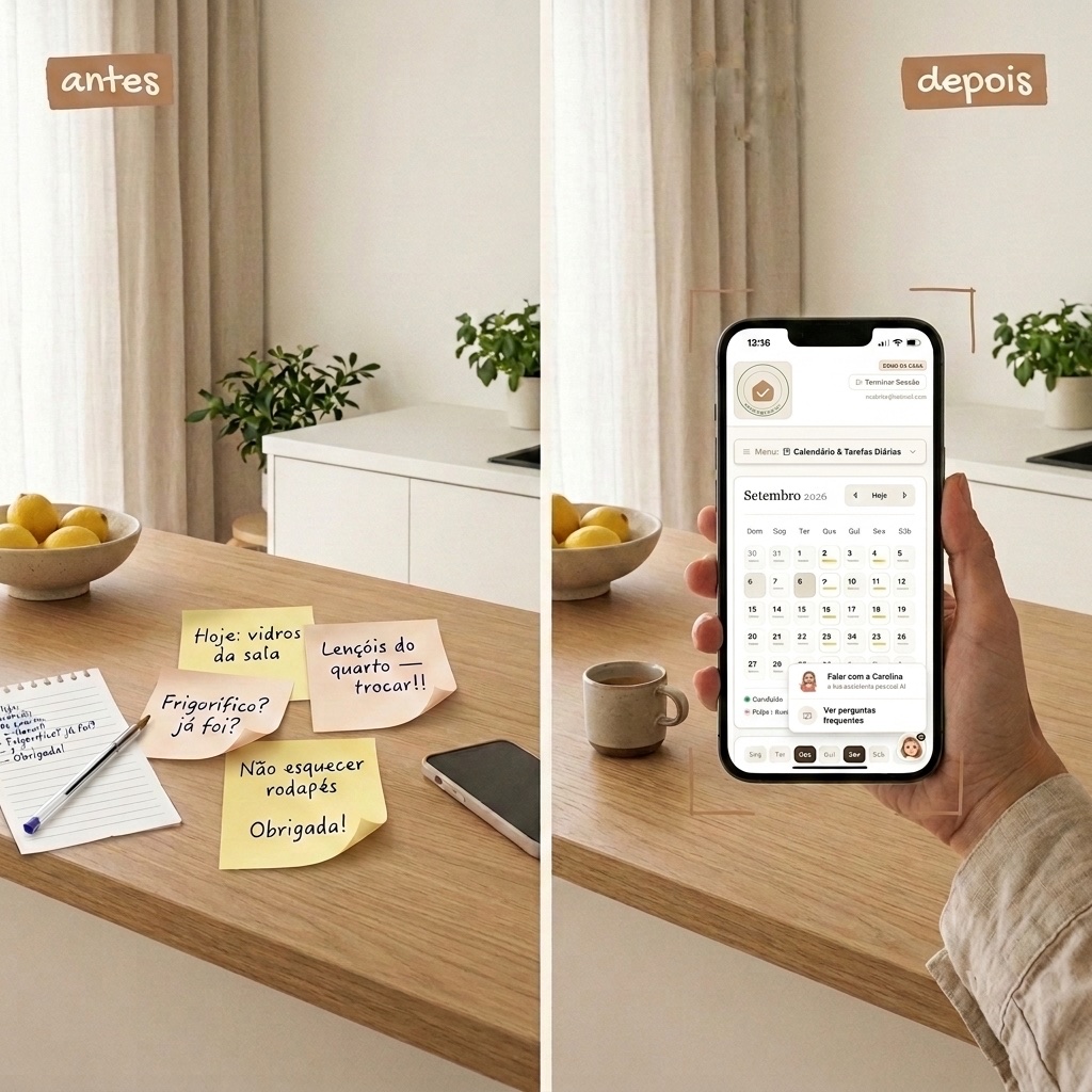 Antes: recados em post-its espalhados na bancada da cozinha. Depois: o calendário da Empregada app no telemóvel.