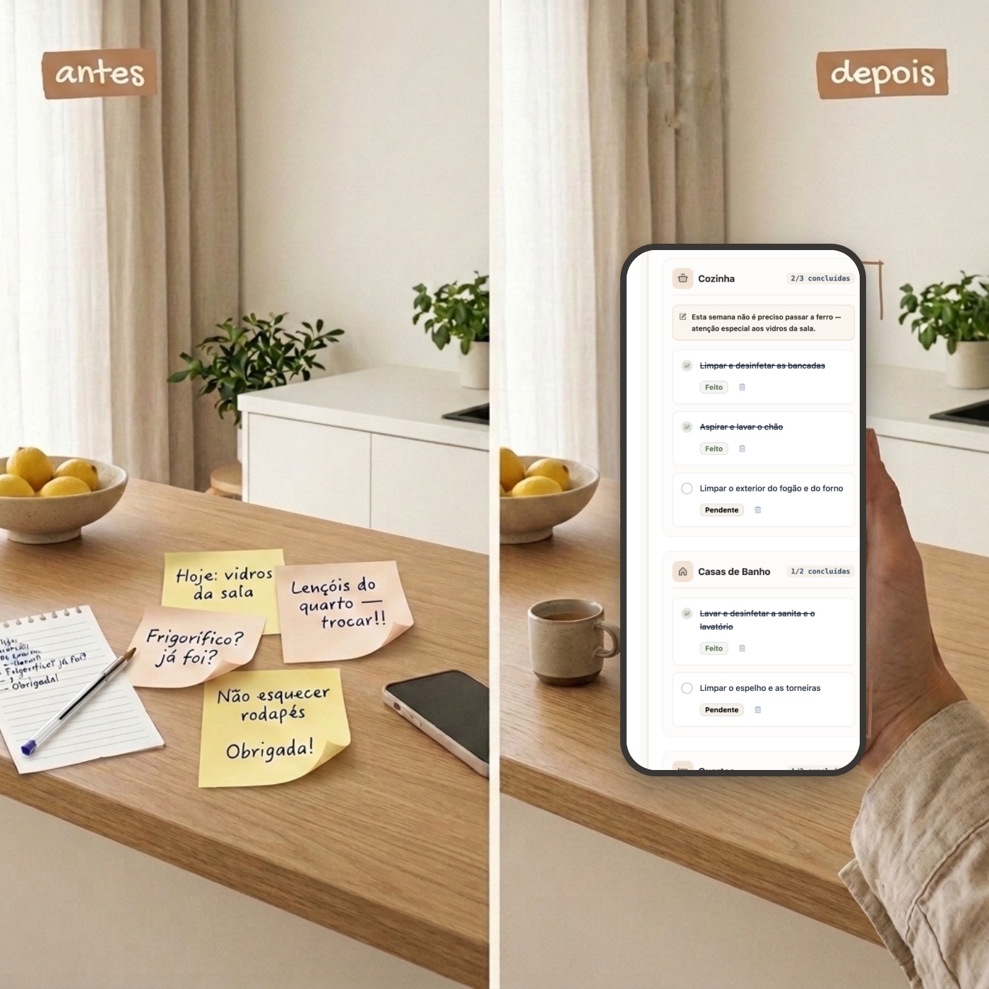 Antes e depois numa bancada de cozinha: recados em post-its e, depois, a Empregada app com a nota de instruções e as tarefas por divisão